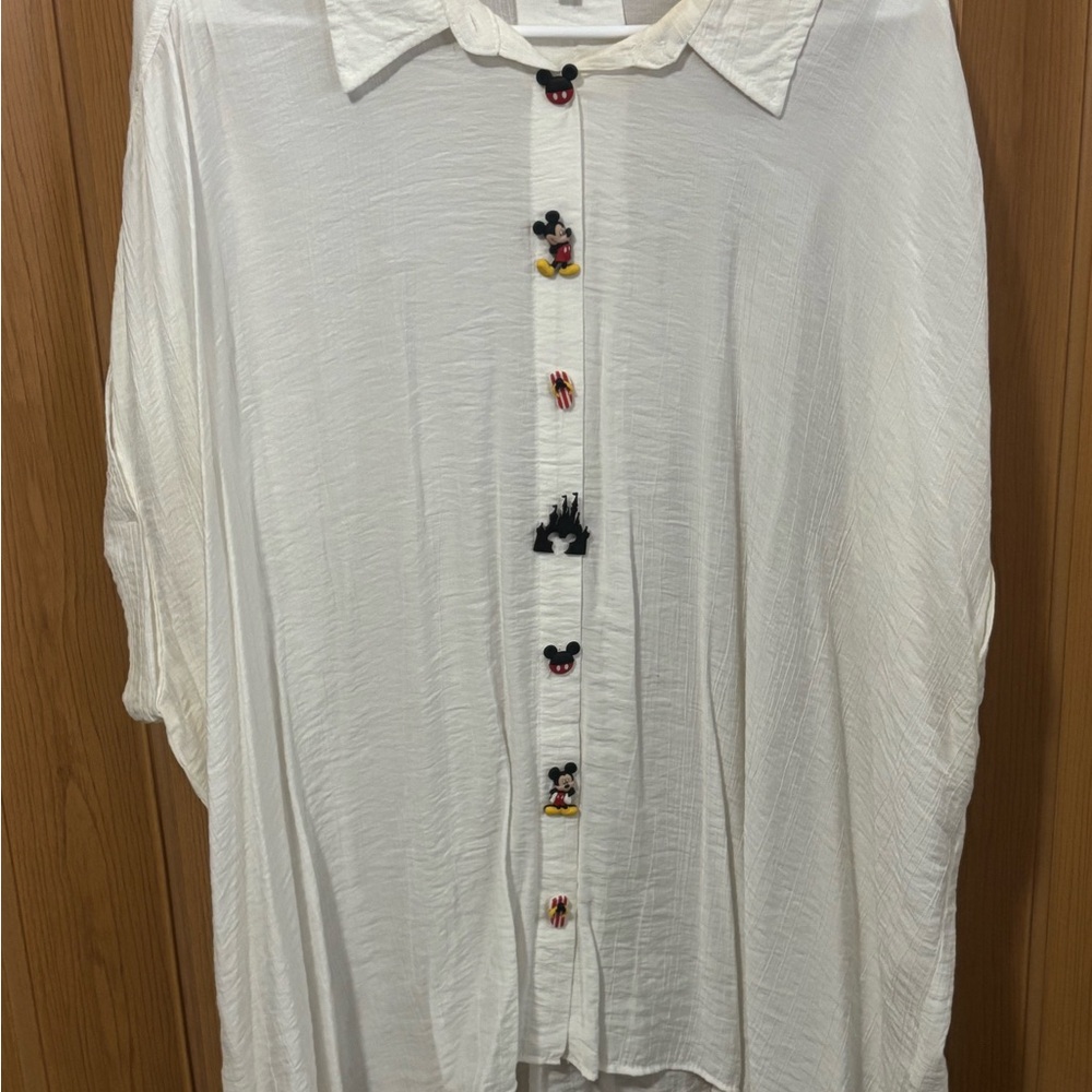 White Button-Up Shirt with Mickey Mouse Buttons